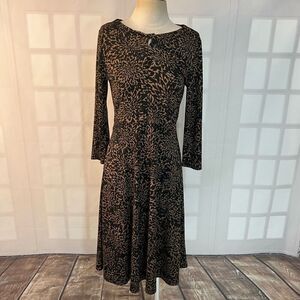 Lands End Brown Black Abstract Slip On Long Sleeve Business Casual Dress Small